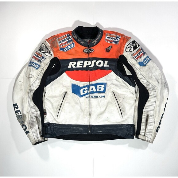 VTG Repsol Honda Gas Jeans Joe Rocket Leather Motorcycle Jacket Sz 46 Distressed - Picture 1 of 16
